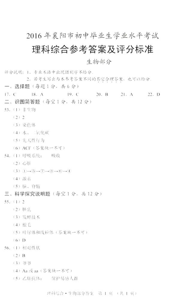 襄阳生物2016中考答案 襄阳生物2016中考答案