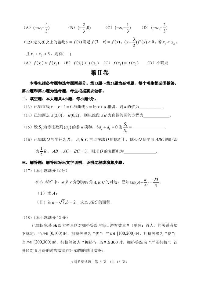 2017年惠州市第二次调研考试文数试题及答案